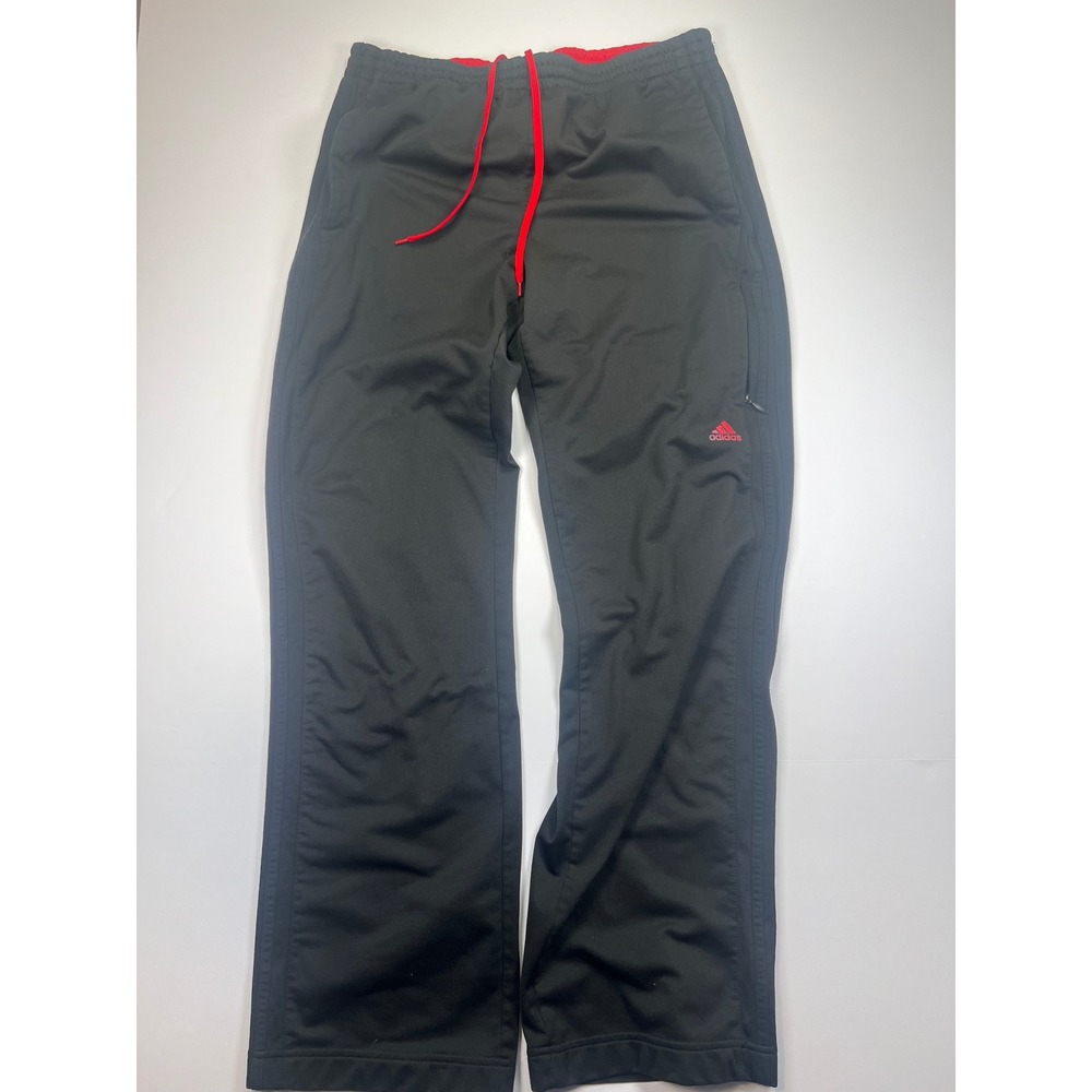 Adidas Track Pants Mens Large Black Red Three Stripe Fleece Lined Zipper Pockets